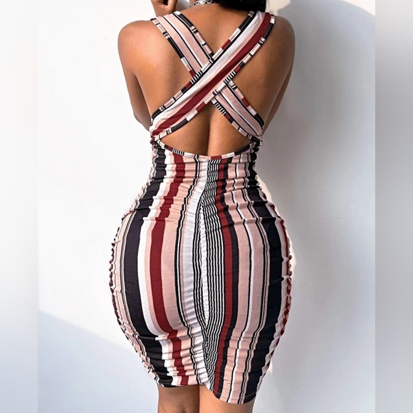 Shein Striped Criss Cross Back Bodycon Dress Size Large - Picture 2 of 8